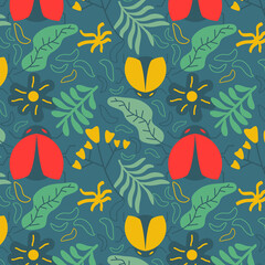 Hand drawn abstract leaves pattern with colorful insects and flowers for textile, wallpaper
