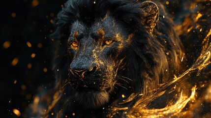 Majestic Black Lion with Golden Accents in Dramatic Lighting and Fierce Expression