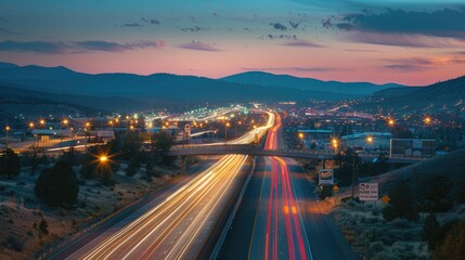 Highway traffic lights at dusk in the mountains