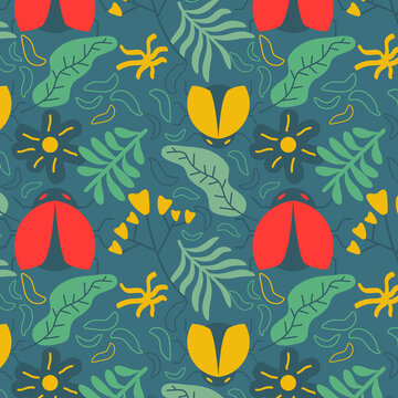 Hand drawn abstract leaves pattern with colorful insects and flowers for textile, wallpaper