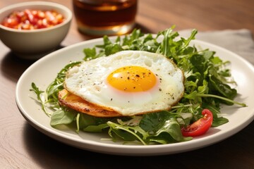 Crepe with egg and salad on black plate