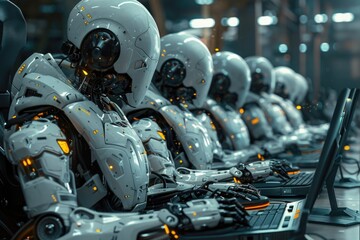 Fototapeta premium Group of robots sitting at desks in factory
