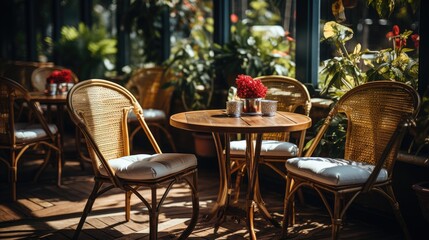 Brown wooden table and chairs around it. Fashionable stylish interior of a summer outdoor cafe.