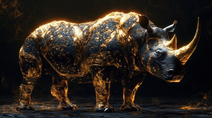Majestic Golden Rhinoceros Illuminated in Dark Ambient Light with Glowing Highlights and Textured Skin