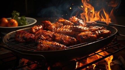 Delicious appetizing juicy meat with seasonings and spices is fried on a thick iron grate. Fragrant smoke and crispy crust.