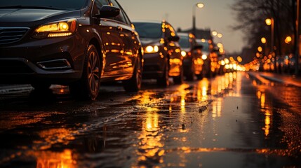 Fototapeta premium Cars are stuck in a huge traffic jam in the evening twilight of the city. The theme of environmental pollution and excess transport.