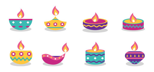 Set of traditional Diwali oil lamps in a vibrant, festive style, isolated on a white background. Vector illustration perfect for holiday decorations, greeting cards, and festival promotions.