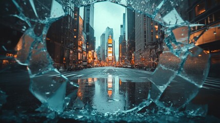 Obraz premium A view of a city street through a shattered window.