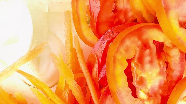 A bright and fresh salad with thinly shredded carrots, cherry tomatoes, sliced ​​red tomatoes, greens (probably romaine lettuce) and sliced ​​yellow bell pepper. The textures are distinctly different.