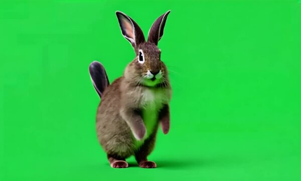 A solid green background with a small brown object in the bottom right corner.