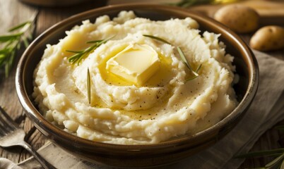 Bowl of mashed potatoes with butter and butter pat