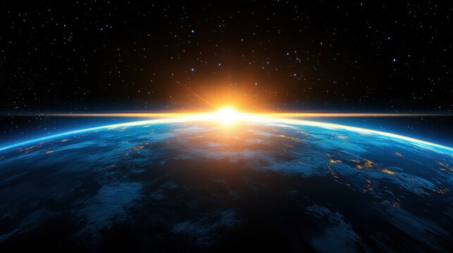 Experience a breathtaking cinematic sunrise, illuminating Earths horizon with dramatic clouds set against a stunning space backdrop.