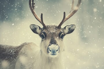 A Close-Up Portrait of a Reindeer in a Snowy Forest