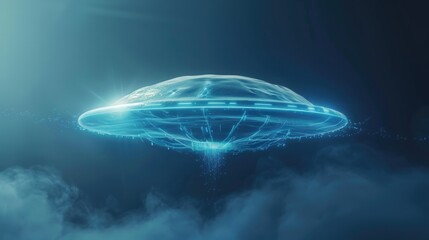 Futuristic ufo hovering above clouds