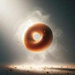 A Lightly Toasted Bagel, Hovering in Mid-Air with a Crisp, Golden Surface and Gentle Steam Rising, Bathed in Soft Morning Light, Creates a Serene and Inviting Atmosphere for Breakfast Themes.
