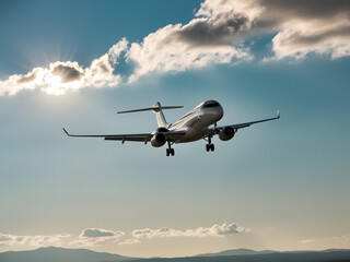 a plane a plane is flying in the sky with mountains in the background.is flying in the sky with the...