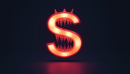 Obraz premium A striking letter 'S' illuminated in red, featuring sharp teeth, set against a dark background, perfect for bold designs.