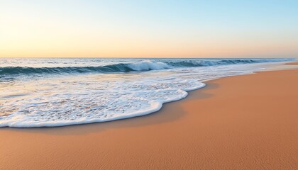 Fototapeta premium A serene beach scene with gentle waves lapping against the golden sand at sunset, creating a tranquil atmosphere.