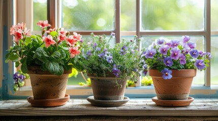 Three potted plants on window sill