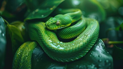 Green snake curled on leaf
