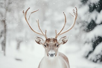 Reindeer with Antlers in a Snowy Forest