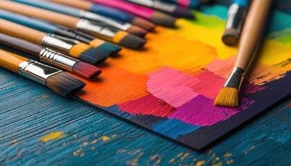 Fototapeta premium Art supplies including brushes on a colorful paint palette.
