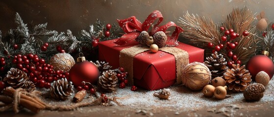 Christmas gift with decorations, red wrapping, pine cones, and festive elements.
