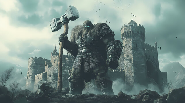 A terrifying viking warrior with his warhammer in front of a medieval castle. Robot Overlord. Illustration