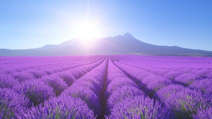 Naklejka premium Serene Beauty of Lavender Fields: Majestic Landscape with Mountain Panorama