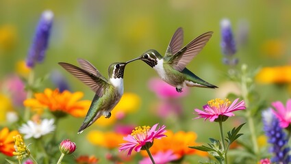 Fototapeta premium This enchanting image captures a vibrant moment in nature as a hummingbird and butterfly meet in mid-flight above a colorful meadow of blooming flowers. 