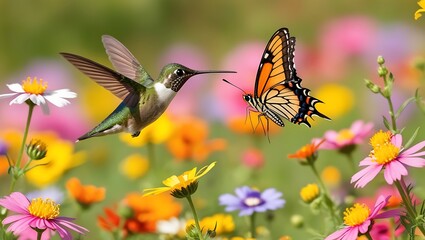 Fototapeta premium This enchanting image captures a vibrant moment in nature as a hummingbird and butterfly meet in mid-flight above a colorful meadow of blooming flowers. 