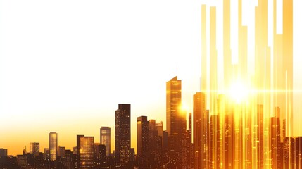 Obraz premium City skyline at sunset with orange and yellow tones, dramatic architectural silhouette.