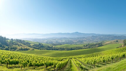 Majestic Vineyards: Scenic Beauty of Sunlit Vineyards with Distant Mountain View