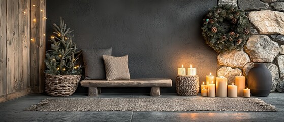 Cozy interior with candles, a bench, and plants for a warm atmosphere.