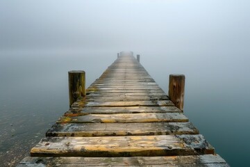 Fototapeta premium Wooden dock extending into foggy lake