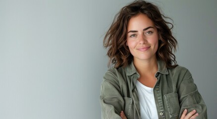 Obraz premium Beautiful happy plump woman model. Portrait on a studio background. Banner with place for text. Theme of health and taking care of your body.