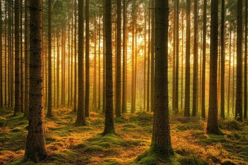 Obraz premium Golden Sunlight Filtering Through Tall Trees in a Dense Forest
