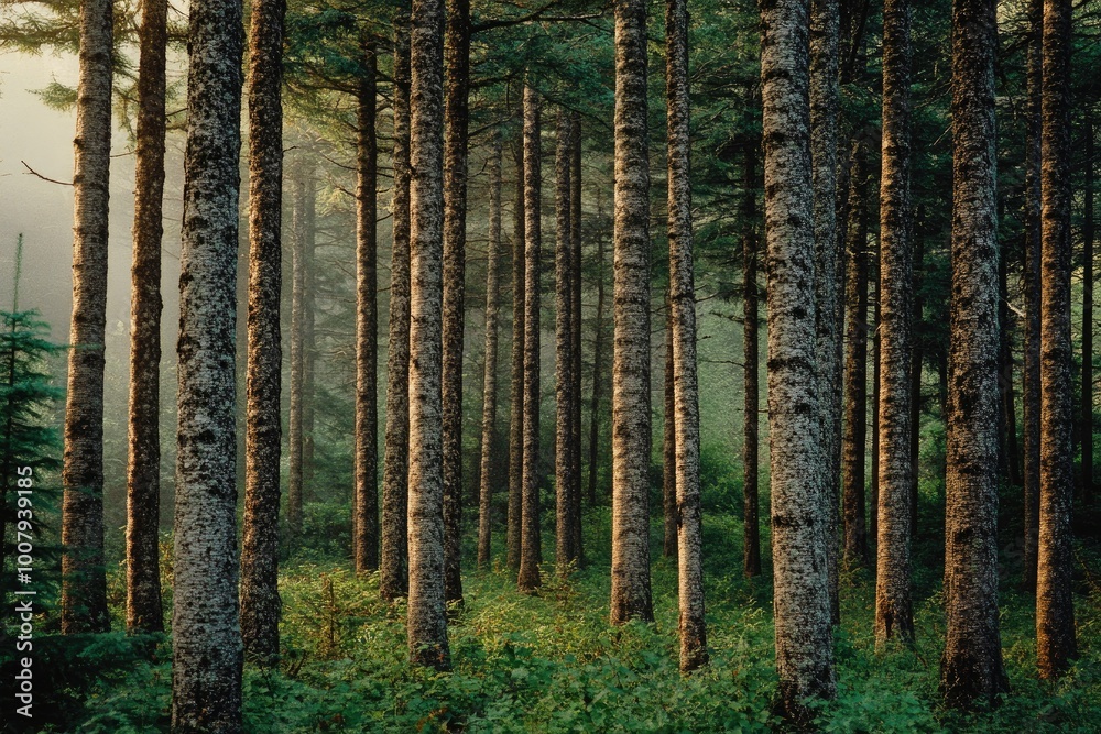 Canvas Prints Sunlight Filtering Through Tall Pine Trees in a Dense Forest