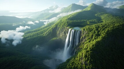 Fototapeta premium Breathtaking waterfall cascading down green mountains, surrounded by lush vegetation.