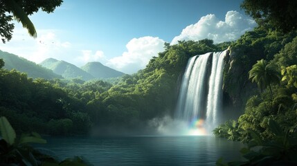 Fototapeta premium Breathtaking waterfall surrounded by lush greenery under a clear blue sky.