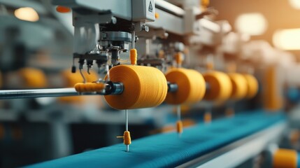 Close-up of industrial sewing machines with yellow spools in a factory setting.