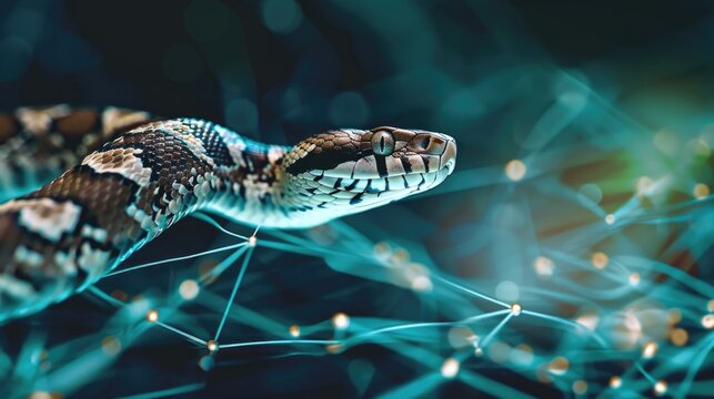 CloseUp of a Python Snake on a Futuristic Digital Network Background