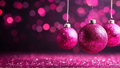 Fototapeta premium Pink glitter Christmas ornaments on a sparkling background.