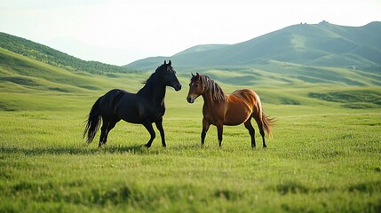 Two Horses Standing in a Lush Meadow with Rolling Hills in the Background