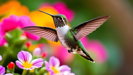 Obraz premium This mesmerizing close-up captures the moment a hummingbird hovers effortlessly in mid-air, its wings a blur of motion while its iridescent green feathers shine brilliantly in the sunlight. 