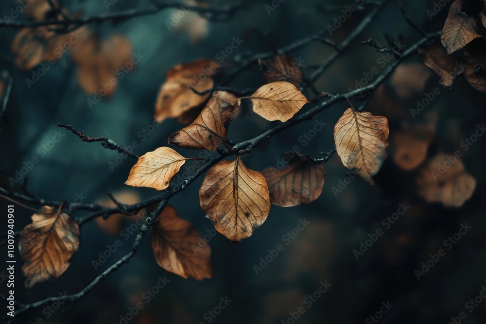 Sticker Dried leaves on a branch with a dark, blurred background.