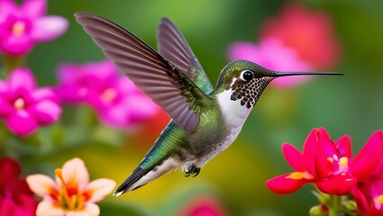Fototapeta premium This mesmerizing close-up captures the moment a hummingbird hovers effortlessly in mid-air, its wings a blur of motion while its iridescent green feathers shine brilliantly in the sunlight. 