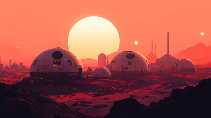 Obraz premium Concept art of panoramic view of a martian colony at sunset, with domed habitats and greenhouses against the backdrop of a dusty red landscape. Martian Colony. Illustration