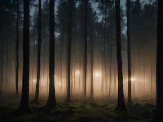 A dark, eerie forest with mist creeping through the trees and a full moon glowing in the background, casting long shadows
