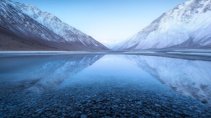 Majestic Dusk Scene: Snow-Capped Mountains Reflecting in Shimmering Lake